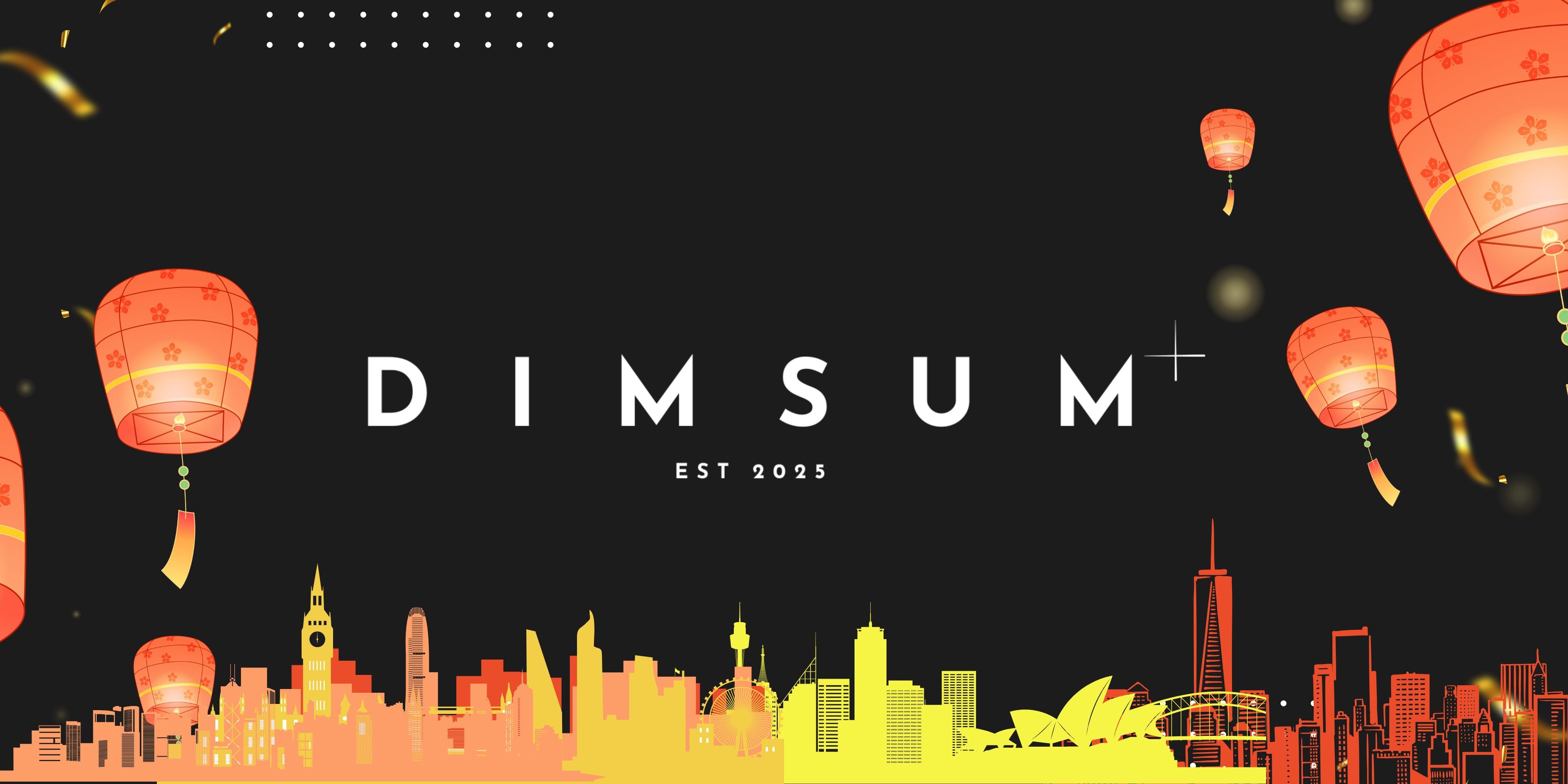 Dimsum restaurant logo with city skyline and floating lanterns on a dark background